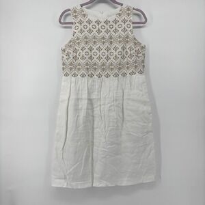 J.Jill Love Linen White Tan Embroidered Sleeveless Shift Dress Pockets Womens 2